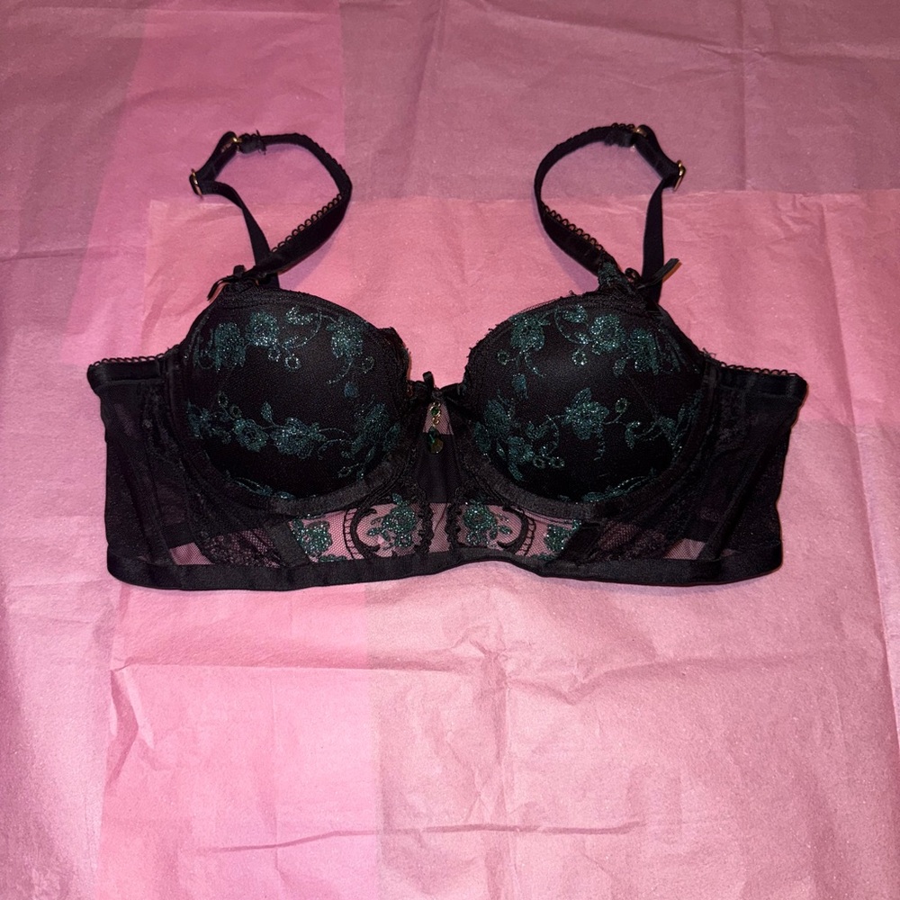 Honey Birdette 36C Elegant Black and Green Lace Bra- Ivy